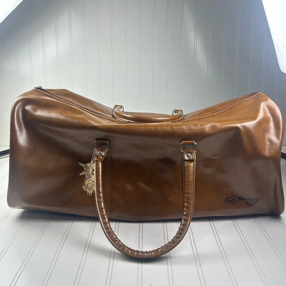 Ed Hardy Brown Leather Duffle Bag NWT Large Travel Weekender Carry On Unisex